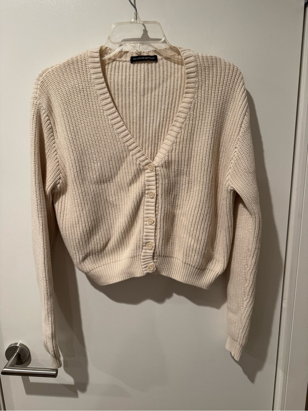 Brandy Melville Cream Ribbed V‑Neck Button Cardigan